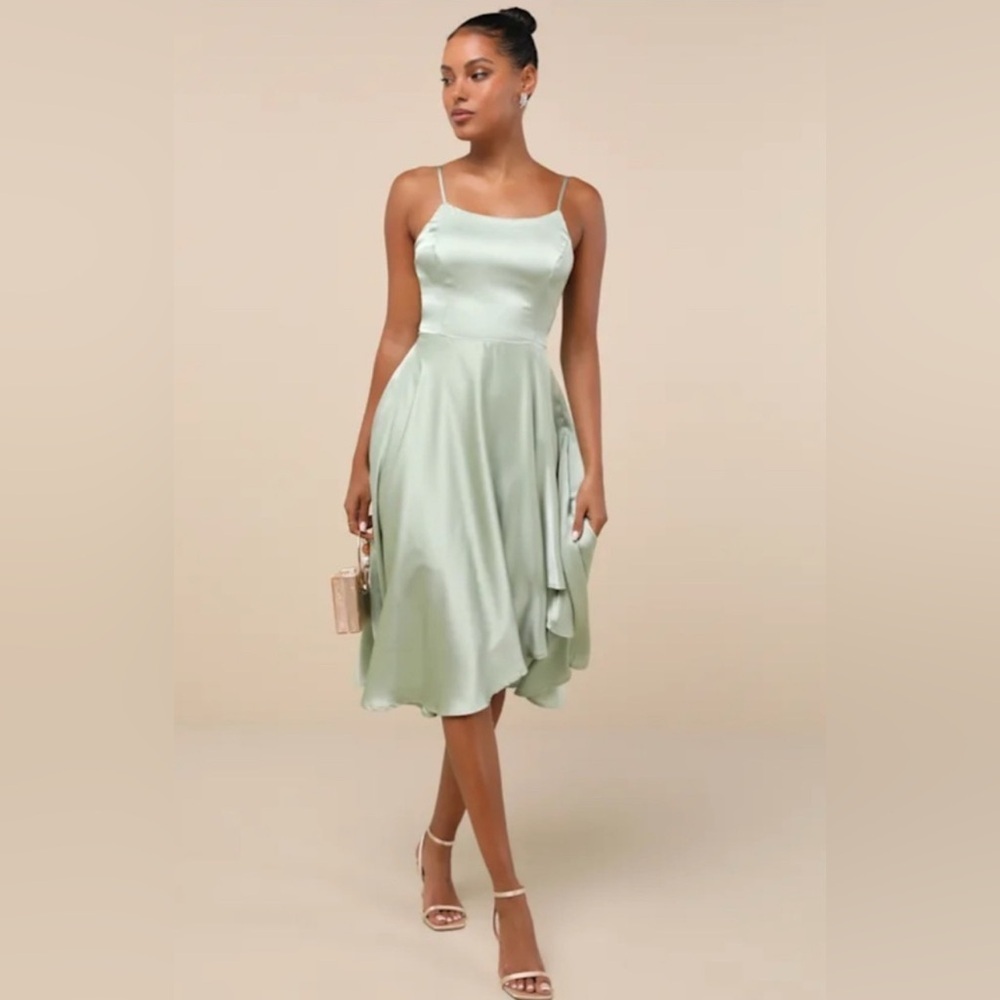 Lulus Days Like Today Sage Green Satin Asymmetrical Tie-Back Midi Dress, Large